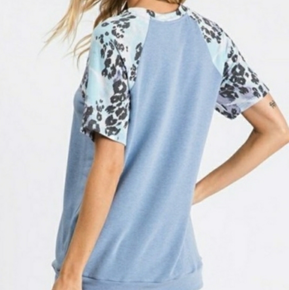 Powder Blue Color Block Short Sleeved Top - Picture 4 of 6